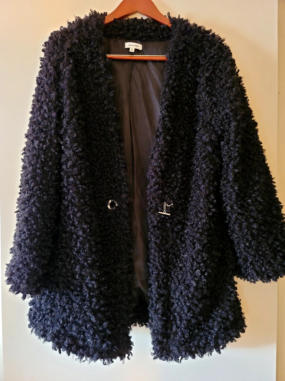 Max Studio Black Curly Faux-Shearling Teddy Jacket
